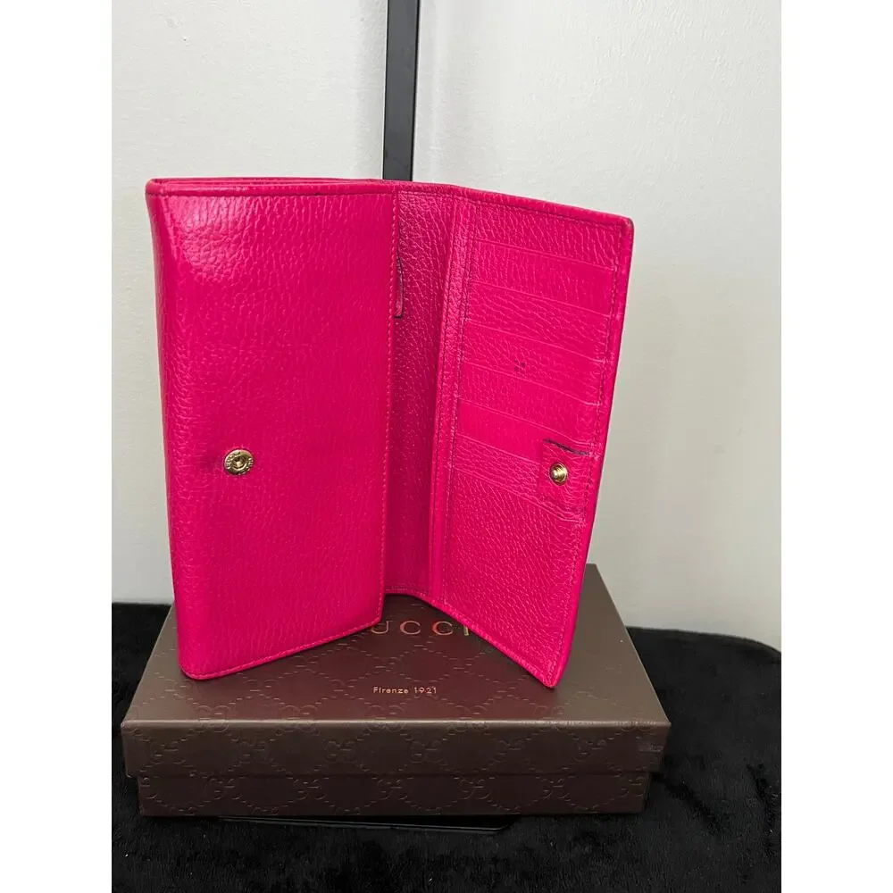 Gucci Pink Pebbled Leather Continental Wallet Box Card Chain Italy 354498